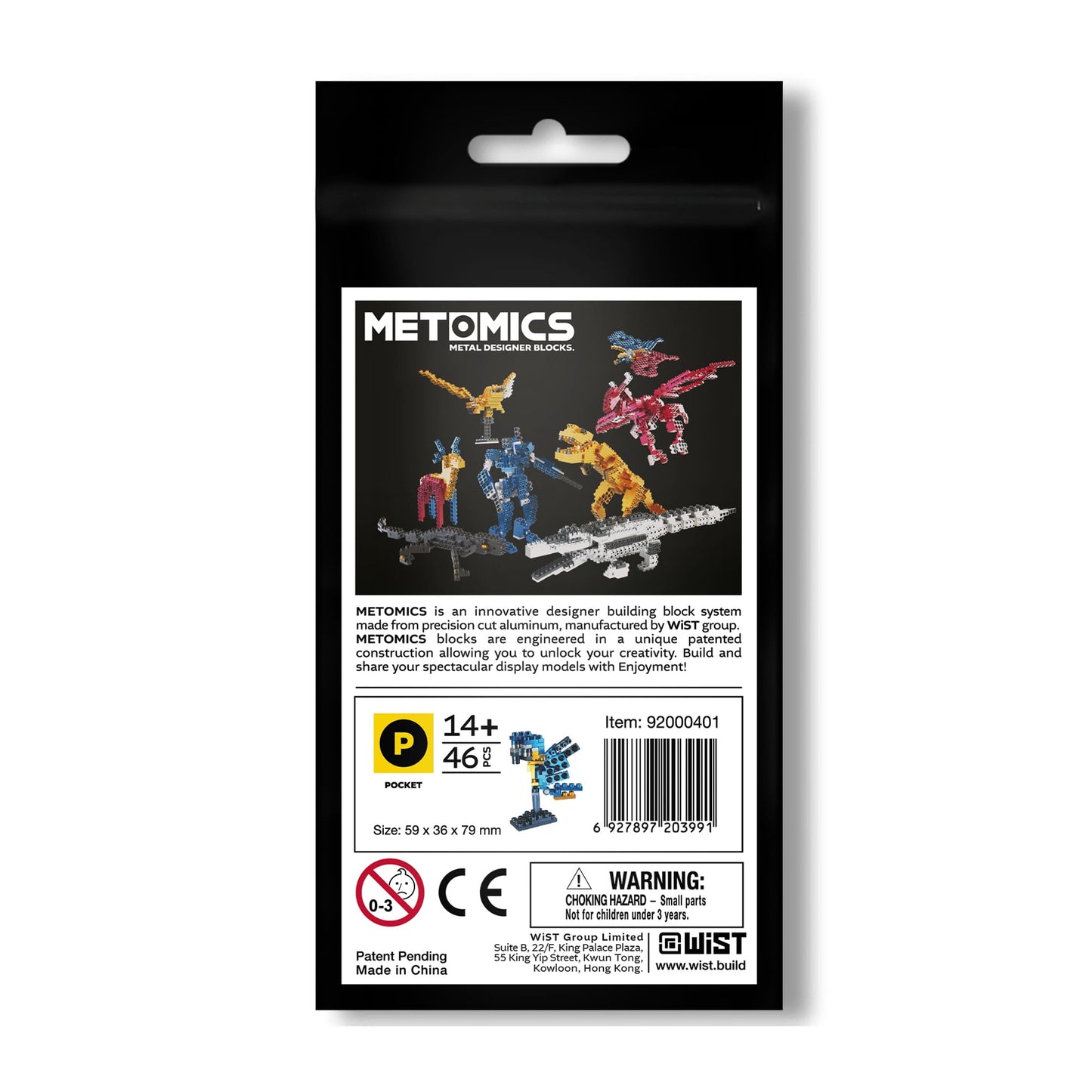 Metomics Pocket Pet Blue Macaw Parrot Building Set package showing metal designer blocks with colorful robot and bird figures on black background, 46 pieces, ag