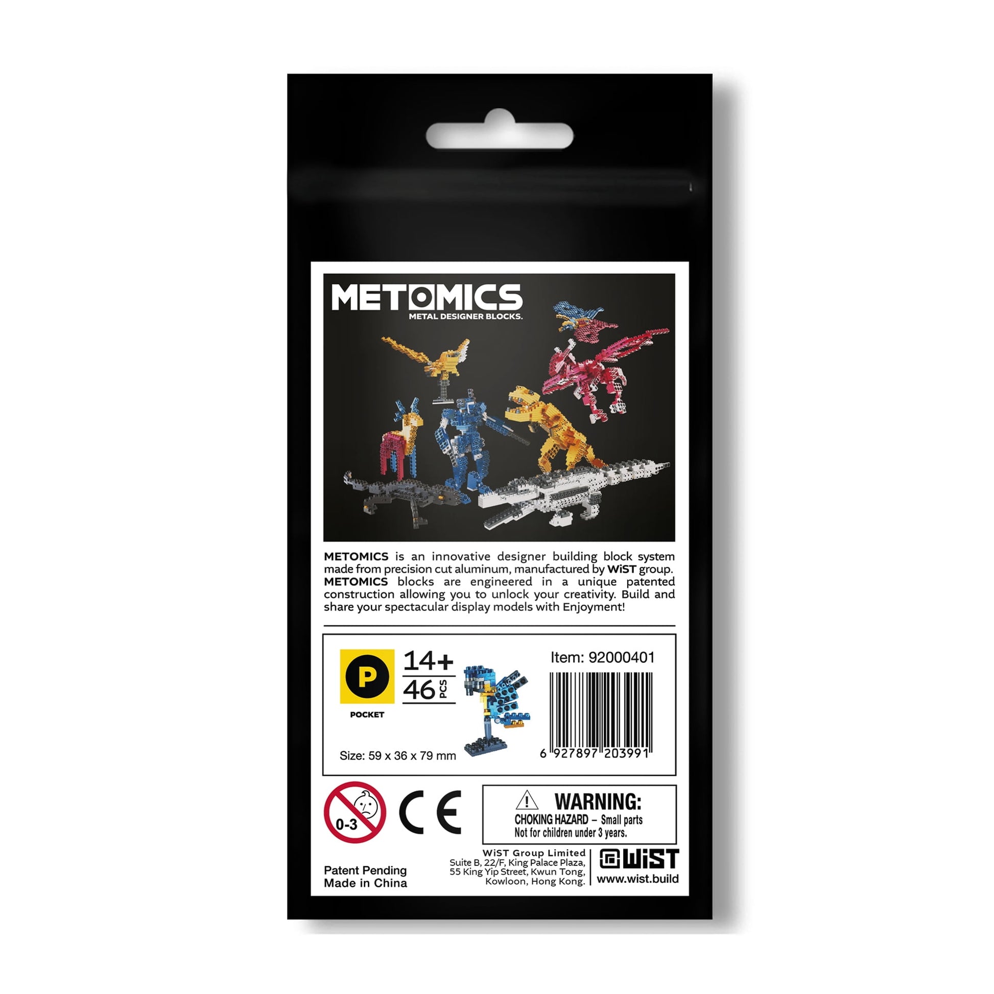 Metomics Pocket Pet Blue Macaw Parrot Building Set package showing metal designer blocks with colorful robot and bird figures on black background, 46 pieces, ag
