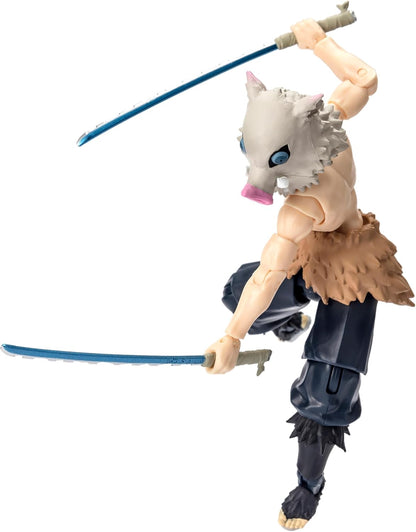 Inosuke Hashibira action figure with white demon mask head, tan body, brown fur collar, dark pants, wielding two blue swords