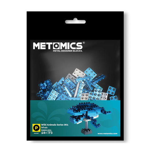 Metomics Metal Designer Blocks Wild Animals Series 001 Whale pocket set packaging showing blue and silver metal building blocks and assembled whale model