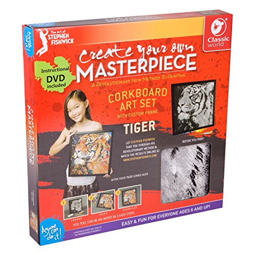 Stephen Fishwick Create Your Own Masterpiece Corkboard Art Set with tiger design, modeled by a child, includes instructional DVD and sample finished artwork