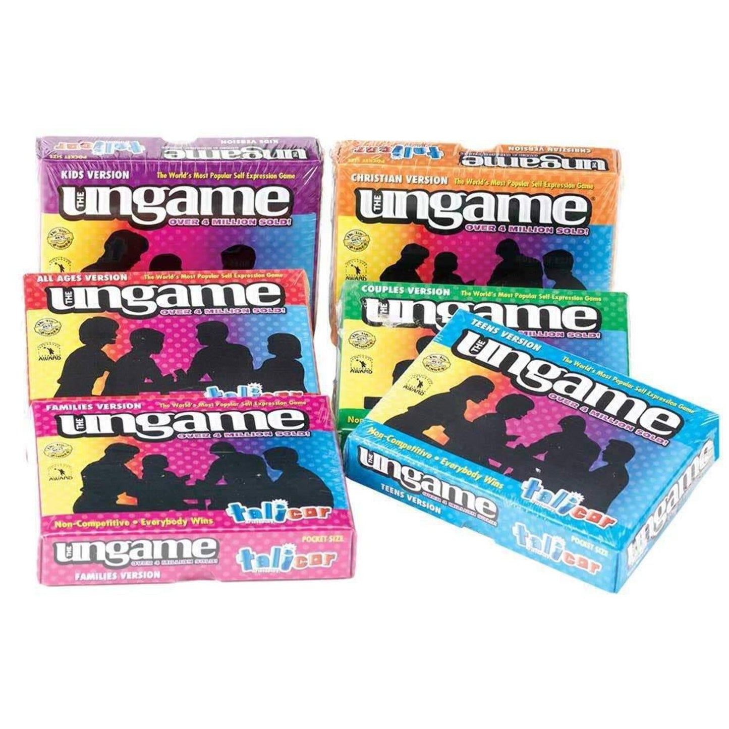 Collection of The Ungame board game boxes in multiple versions including Kids, Christian, All Ages, Couples, Families, and Teens editions displayed on plain bac