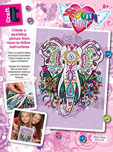 Sequin Art Elephant Picture Board Craft Kit box showing completed sparkly elephant artwork and step-by-step instruction photos, modeled by children