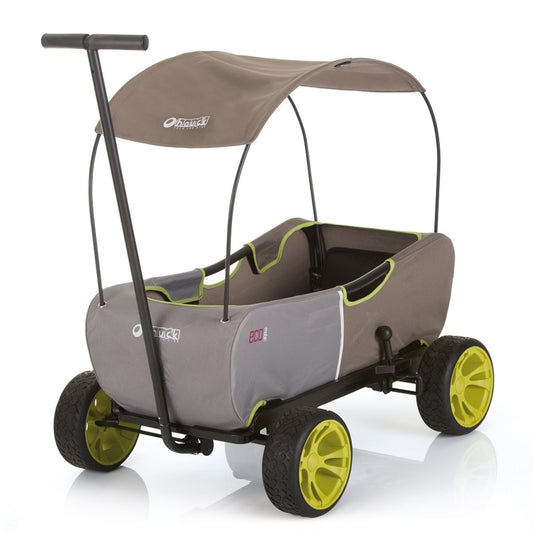 Hauck ECOmobil hand-pull wagon with gray fabric canopy, black T-shaped handle, yellow wheels, and green accent trim