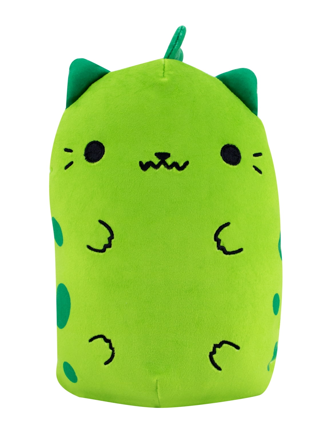 Lime green plush cat-dinosaur hybrid with dark green ears, closed happy eyes, cat nose and mouth, green spots on body, and green leaf-shaped tail on top