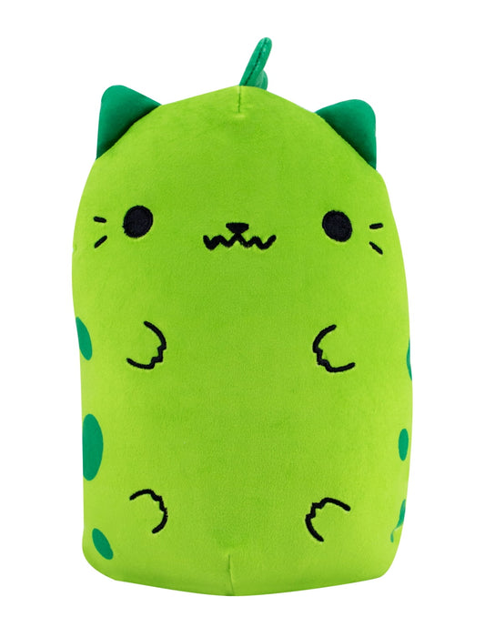 Lime green plush cat-dinosaur hybrid with dark green ears, closed happy eyes, cat nose and mouth, green spots on body, and green leaf-shaped tail on top