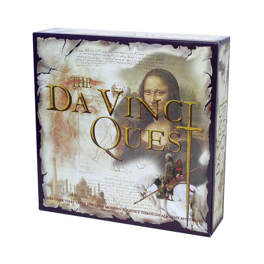 The Da Vinci Quest board game box featuring a portrait of Leonardo da Vinci and vintage sketches on aged parchment background