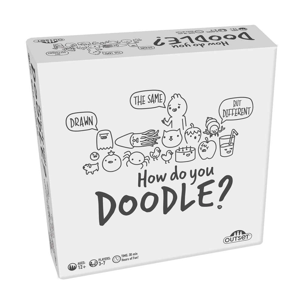 How do you Doodle board game box featuring cartoon characters with speech bubbles saying "Drawn," "The Same," and "But Different," for ages 12+, 3-7 players