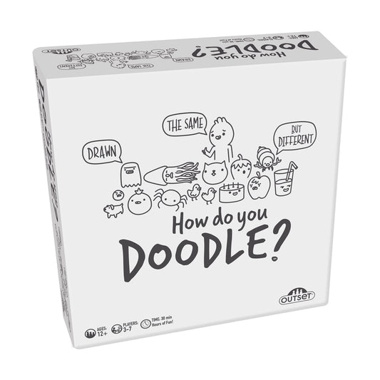 How do you Doodle board game box featuring cartoon characters with speech bubbles saying "Drawn," "The Same," and "But Different," for ages 12+, 3-7 players