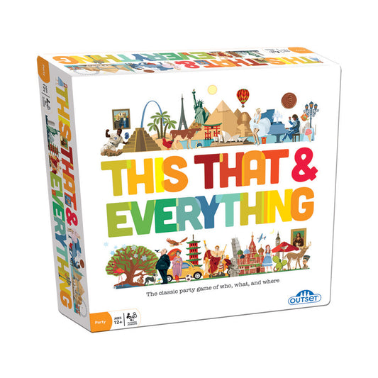 This That & Everything Party Game box by Outset Media featuring colorful illustrated scenes of landmarks, people, and objects with game title in large multicolo
