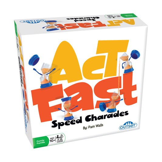 Act Fast Speed Charades board game box featuring large yellow and orange letters with blue hourglass timers and sand, by Pam Walls, for ages 10+