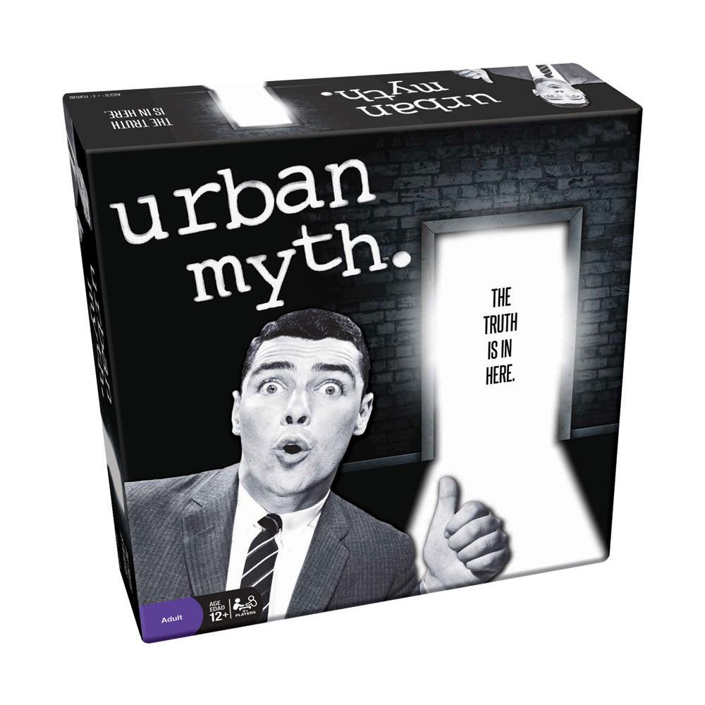 Urban Myth board game box featuring black and white image of man in suit with surprised expression pointing at open door with text 'the truth is in here'