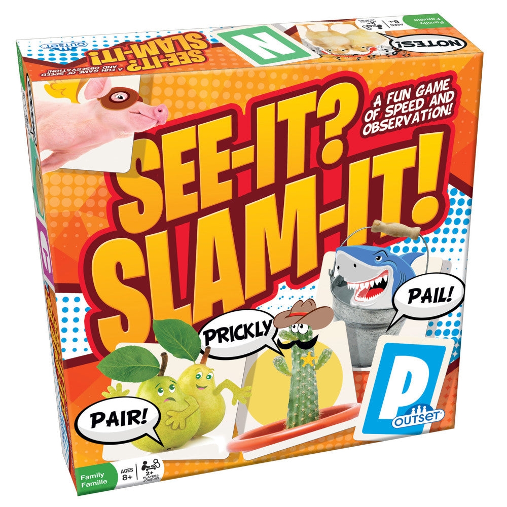 See-It? Slam-It! board game box featuring pink pig, green pears, bee, cactus and shark characters with speech bubbles saying 'Pair!' and 'Prickly' and 'Pail!' o