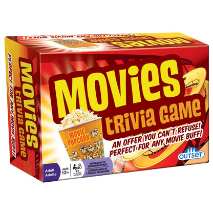 Movies Trivia Game box featuring red and yellow packaging with popcorn bucket and film strip graphics, rated for ages 12 and up
