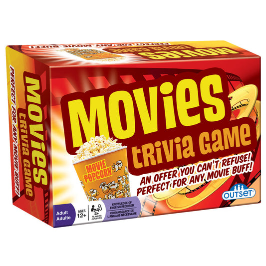 Movies Trivia Game box featuring red and yellow packaging with popcorn bucket and film strip graphics, rated for ages 12 and up