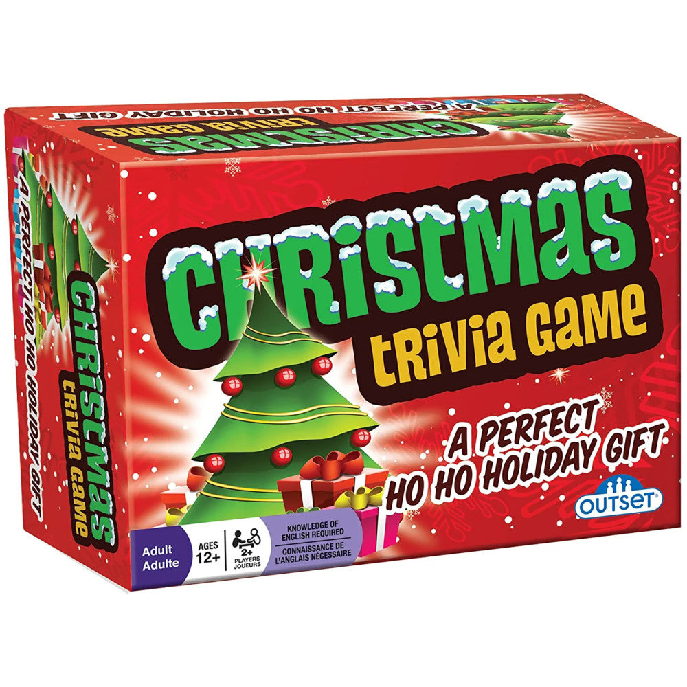Christmas Trivia Game box by Outset Media featuring a red background with green Christmas tree decorated with red ornaments and gold ribbon, wrapped presents be