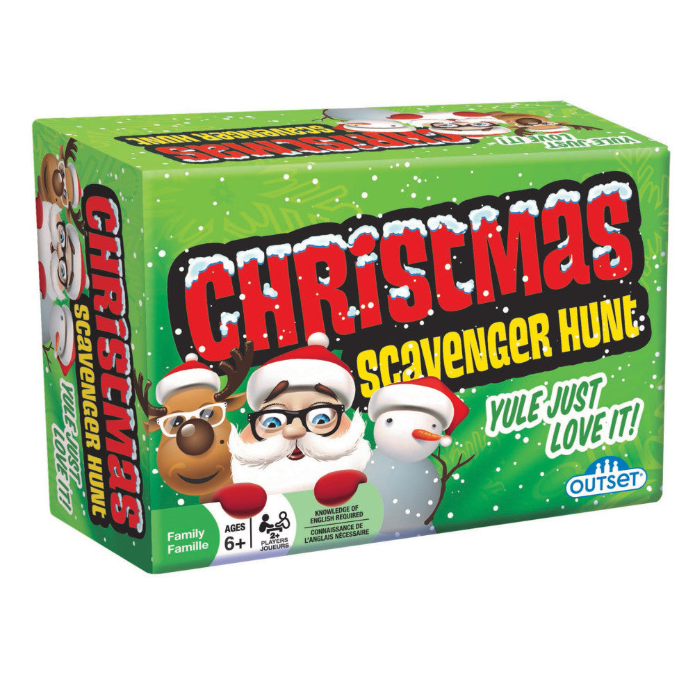 Christmas Scavenger Hunt game box with green background, featuring Santa, reindeer, and snowman characters with text 'Yule Just Love It' by Outset Media, ages 6