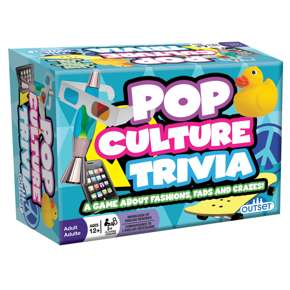 Pop Culture Trivia board game box with turquoise background, featuring large purple and white text logo, yellow rubber duck, rocket ship, and retro icons. Ages