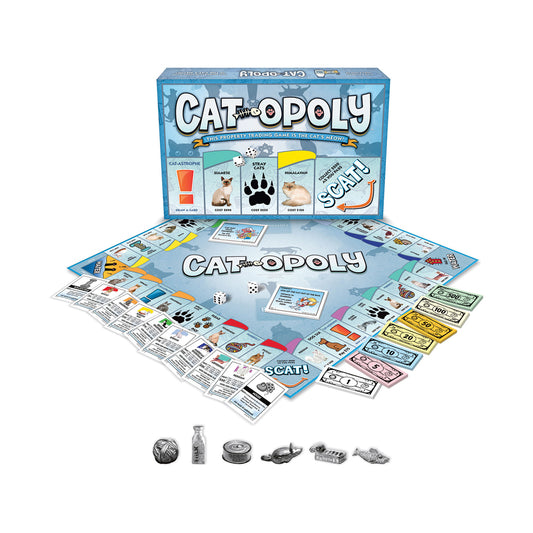 Cat-Opoly board game box and contents displayed, showing game board, property cards, dice, metal cat game pieces, and colorful play money on white background