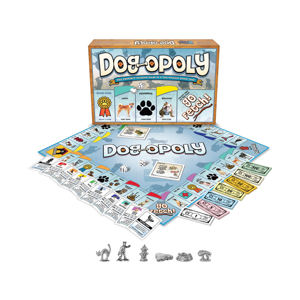 Dog-Opoly board game box and contents displayed, including game board, property cards, play money, dice, and dog-themed metal game pieces