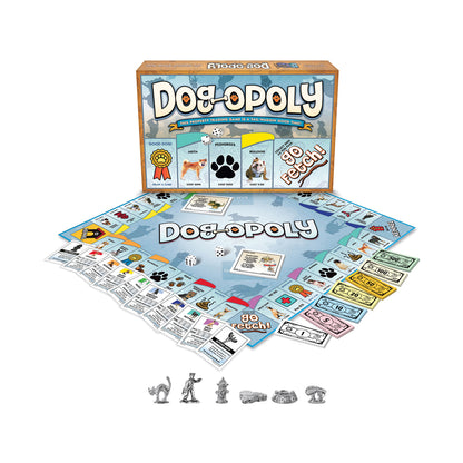 Dog-Opoly board game box and contents displayed, including game board, property cards, play money, dice, and dog-themed metal game pieces