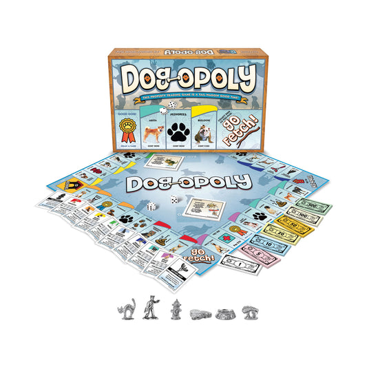 Dog-Opoly board game box and contents displayed, including game board, property cards, play money, dice, and dog-themed metal game pieces