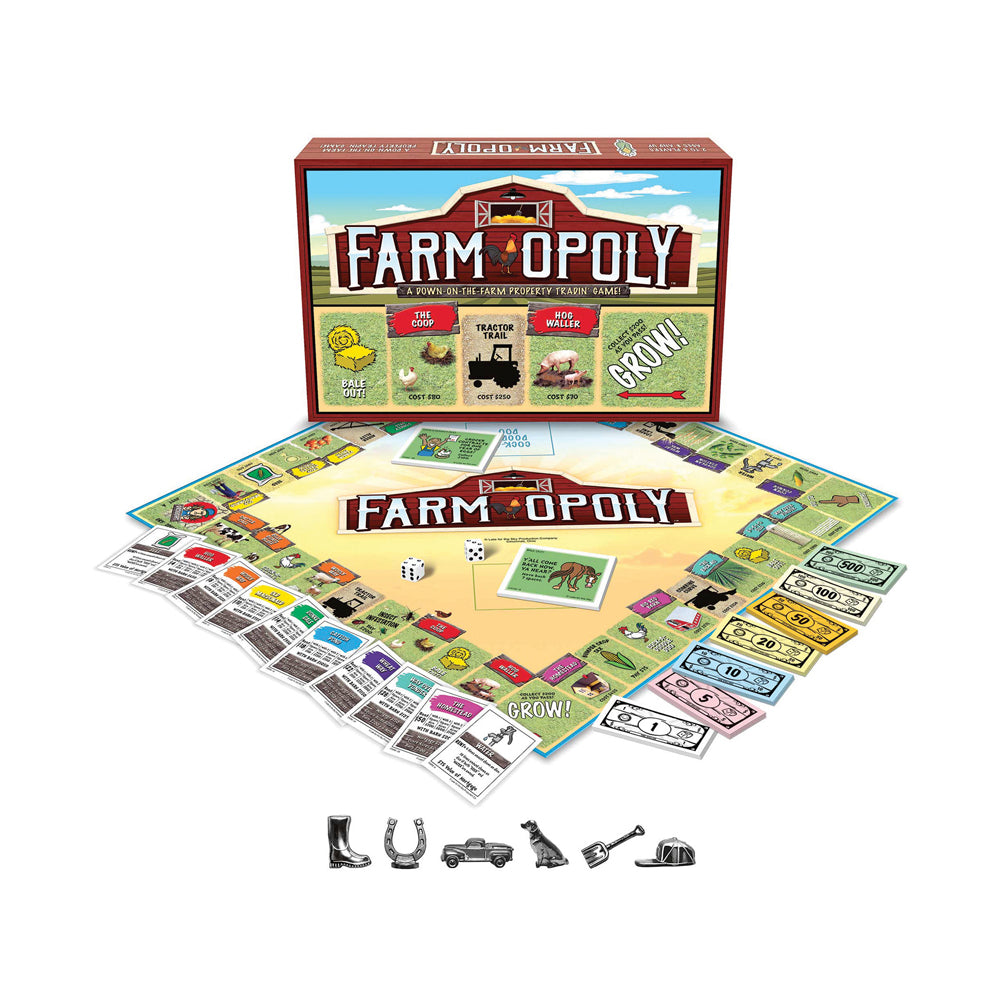 Farm-Opoly board game box, board, game pieces, dice, property cards, and play money displayed on plain background