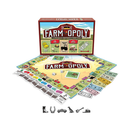 Farm-Opoly board game box, board, game pieces, dice, property cards, and play money displayed on plain background