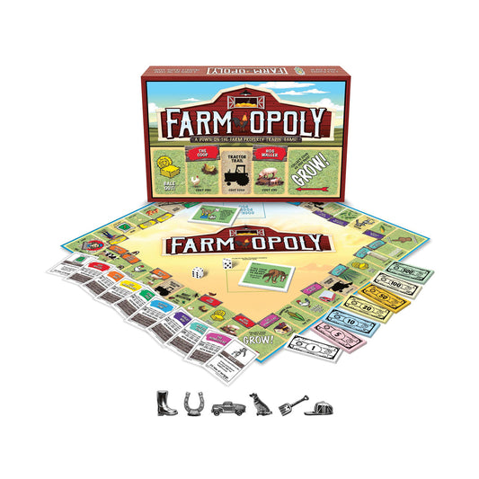 Farm-Opoly board game box, board, game pieces, dice, property cards, and play money displayed on plain background