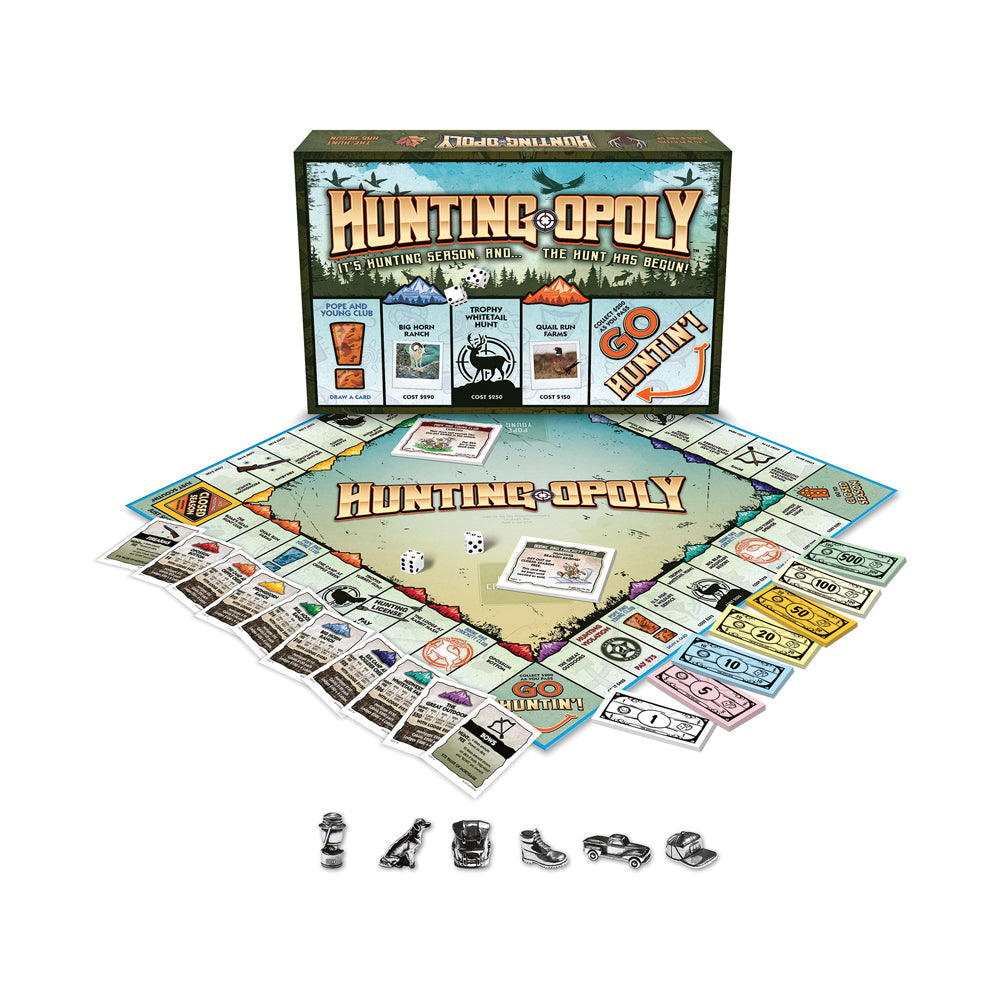 Hunting-opoly board game displayed with box, game board, property cards, play money, dice, and six metal game pieces on white background