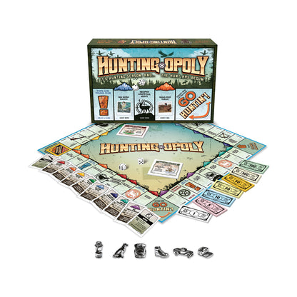 Hunting-opoly board game displayed with box, game board, property cards, play money, dice, and six metal game pieces on white background