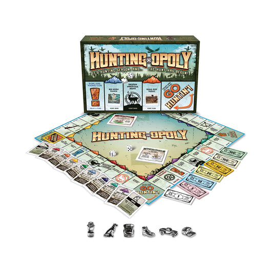 Hunting-opoly board game displayed with box, game board, property cards, play money, dice, and six metal game pieces on white background