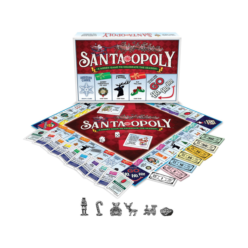Santa-Opoly board game set with game board, box, player pieces, dice, property cards, and colorful money displayed on white background