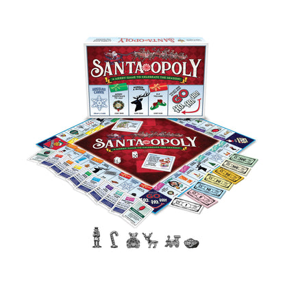 Santa-Opoly board game set with game board, box, player pieces, dice, property cards, and colorful money displayed on white background
