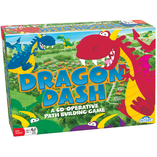 Dragon Dash board game box featuring colorful dragons and a scenic landscape path, labeled as a cooperative path building game for ages 5+