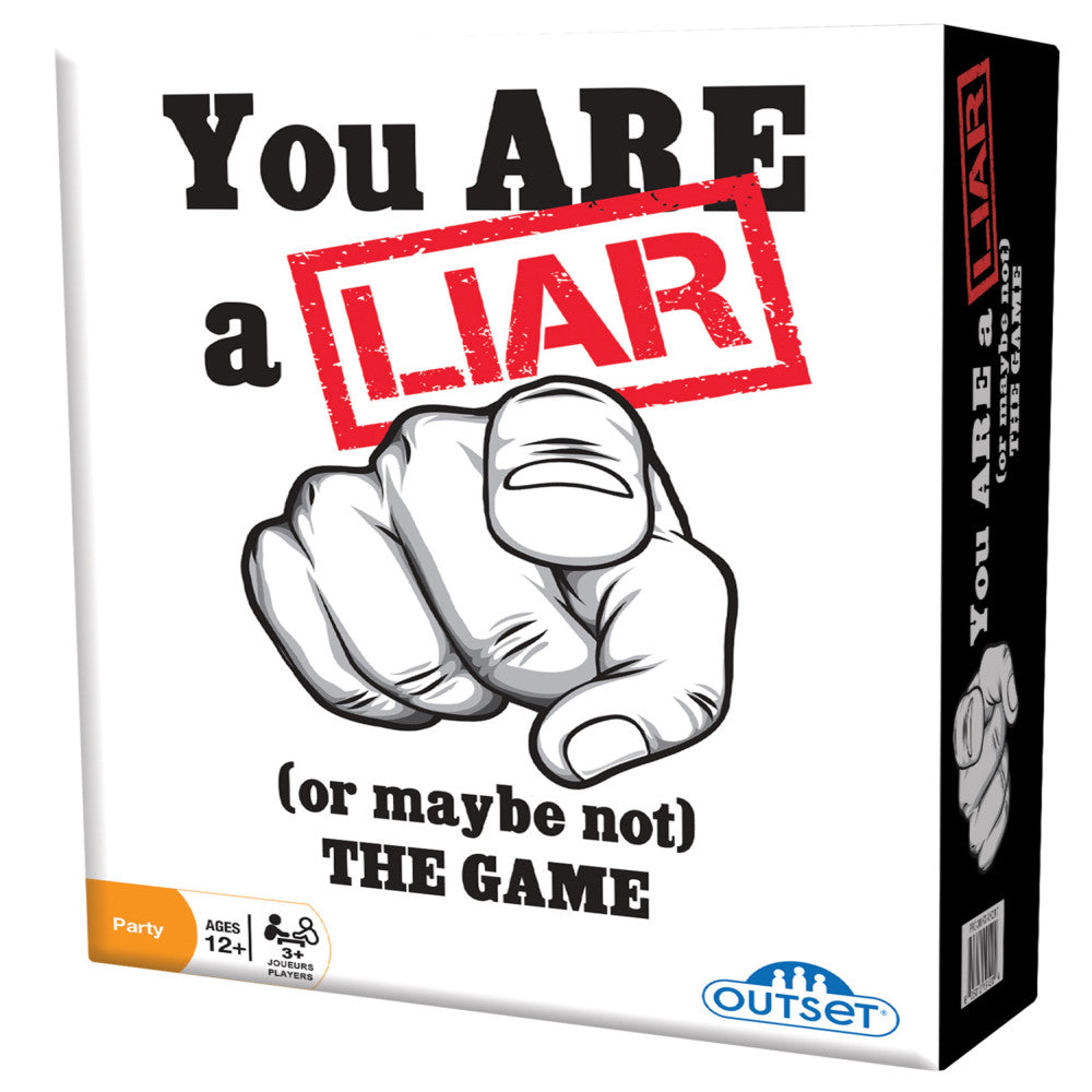 You Are a Liar (or Maybe Not) The Game box showing a cartoon fist pointing at viewer with red stamp overlay, party game for ages 12+