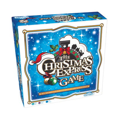 The Christmas Express Board Game box featuring a festive blue design with a toy train and holly decorations