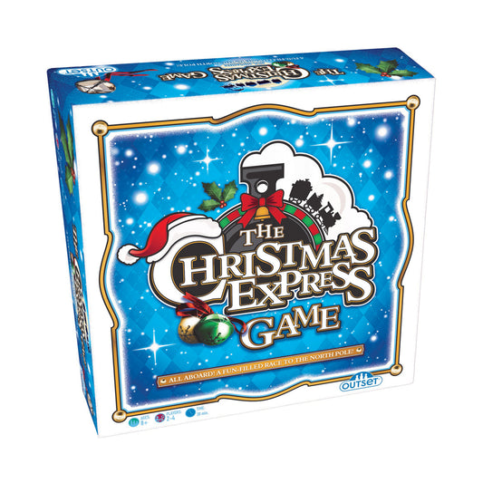 The Christmas Express Board Game box featuring a festive blue design with a toy train and holly decorations