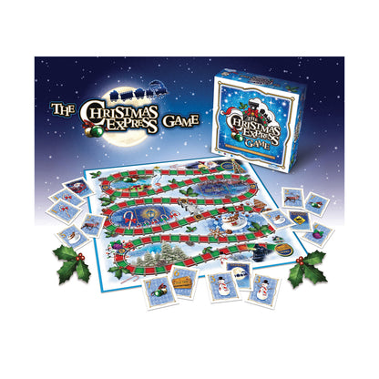 The Christmas Express Board Game with colorful train-themed board, game cards, and festive holly decorations