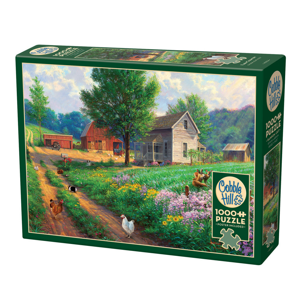 Cobble Hill 1000-piece jigsaw puzzle box showing a pastoral farm scene with red barn, white farmhouse, flowering garden, chickens, and tree-lined countryside la