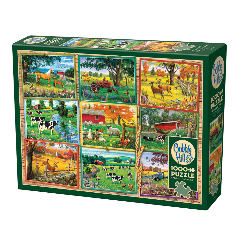 Cobble Hill 1000+ piece puzzle box featuring nine farm scene illustrations with pastoral landscapes, animals, and countryside settings