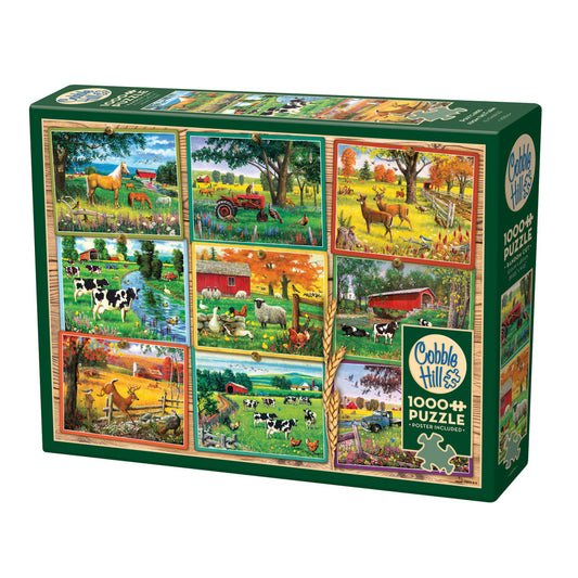 Cobble Hill 1000+ piece puzzle box featuring nine farm scene illustrations with pastoral landscapes, animals, and countryside settings