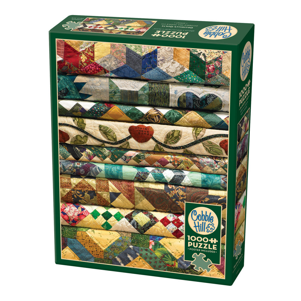 Cobble Hill 1000 piece jigsaw puzzle box featuring colorful patchwork quilts with geometric and floral fabric patterns in green, red, blue, and cream tones