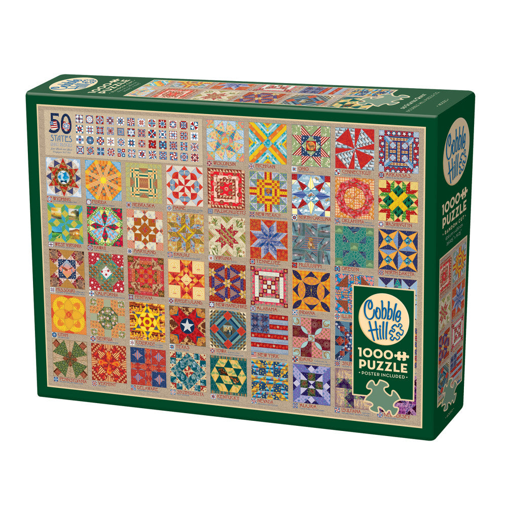 Cobble Hill 1000-piece jigsaw puzzle box featuring a grid of 50 colorful traditional quilt block patterns from different U.S. states, with green box and poster