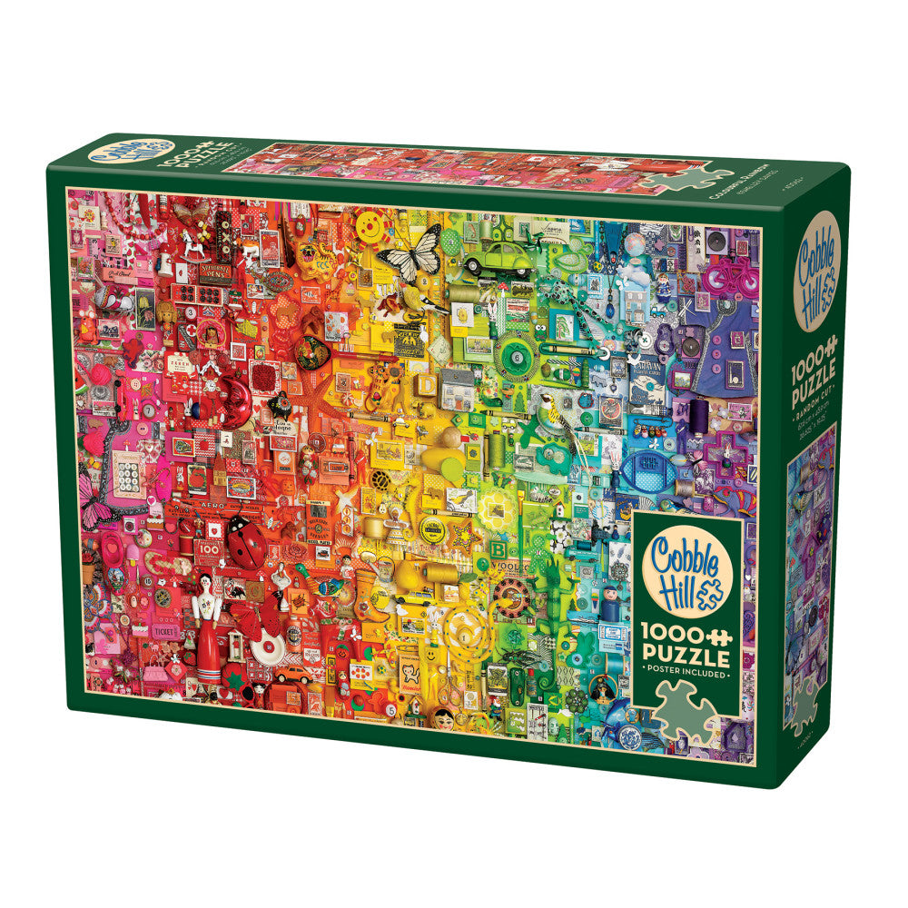 Cobble Hill 1000-piece jigsaw puzzle box with rainbow gradient design featuring hundreds of colorful small objects and icons arranged across red, orange, yellow
