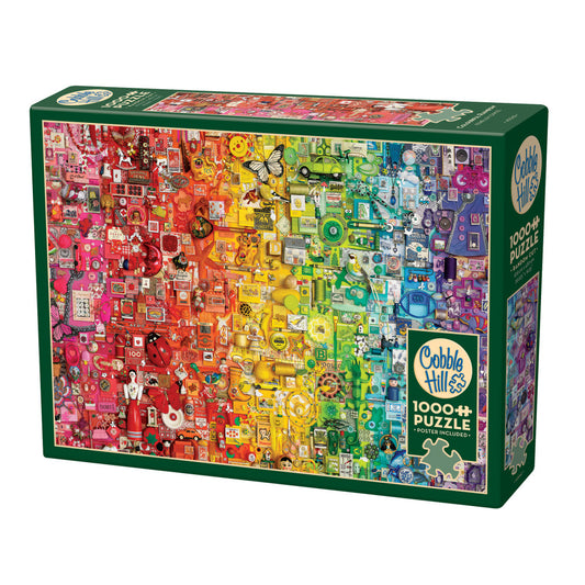 Cobble Hill 1000-piece jigsaw puzzle box with rainbow gradient design featuring hundreds of colorful small objects and icons arranged across red, orange, yellow