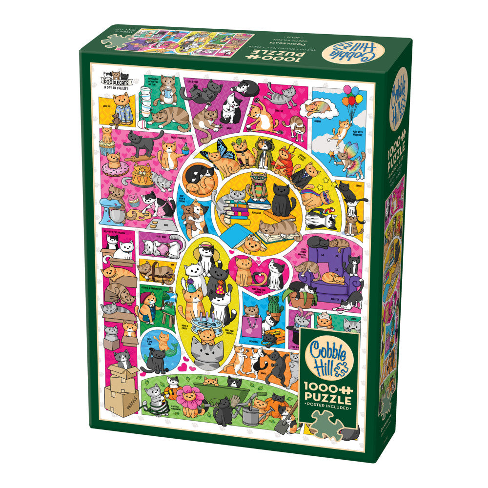 Cobble Hill Doodlecats 1000-piece puzzle box featuring colorful illustrated cats in various scenes and activities on green packaging