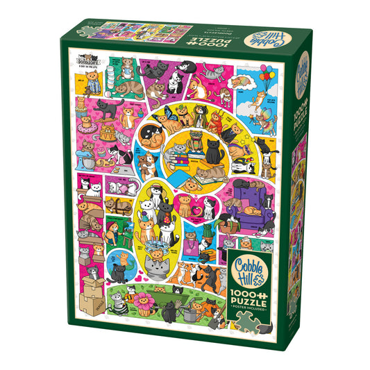 Cobble Hill Doodlecats 1000-piece puzzle box featuring colorful illustrated cats in various scenes and activities on green packaging