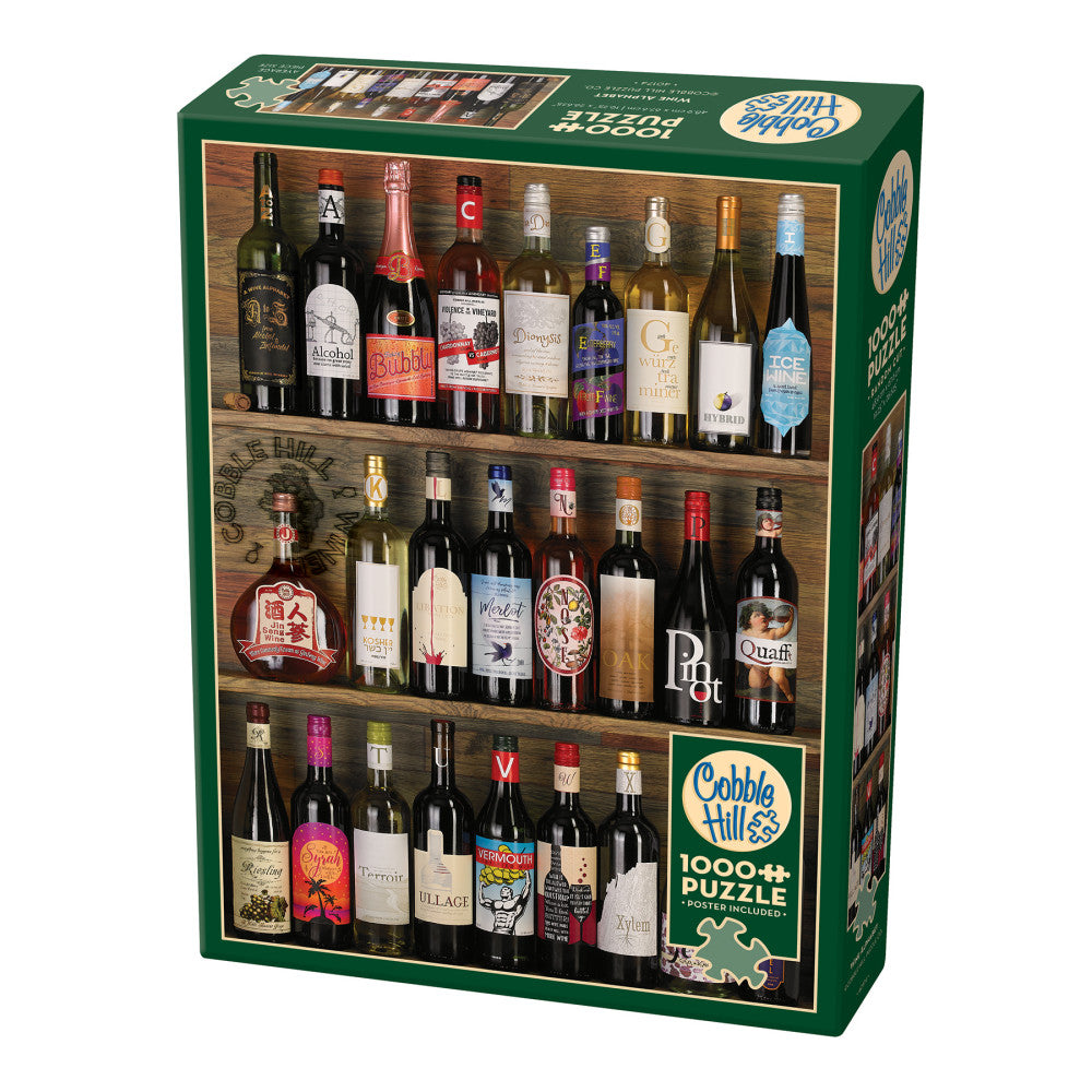 Cobble Hill 1000 piece puzzle box featuring wine bottles displayed on wooden shelves with green border and Cobble Hill logo