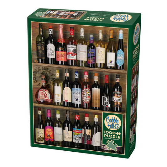 Cobble Hill 1000 piece puzzle box featuring wine bottles displayed on wooden shelves with green border and Cobble Hill logo